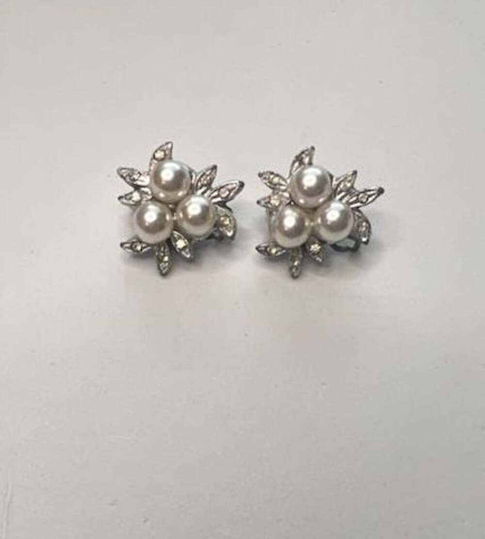 Vintage Japanese Pearl and Rhinestone Clip-On Earrings Set of 2